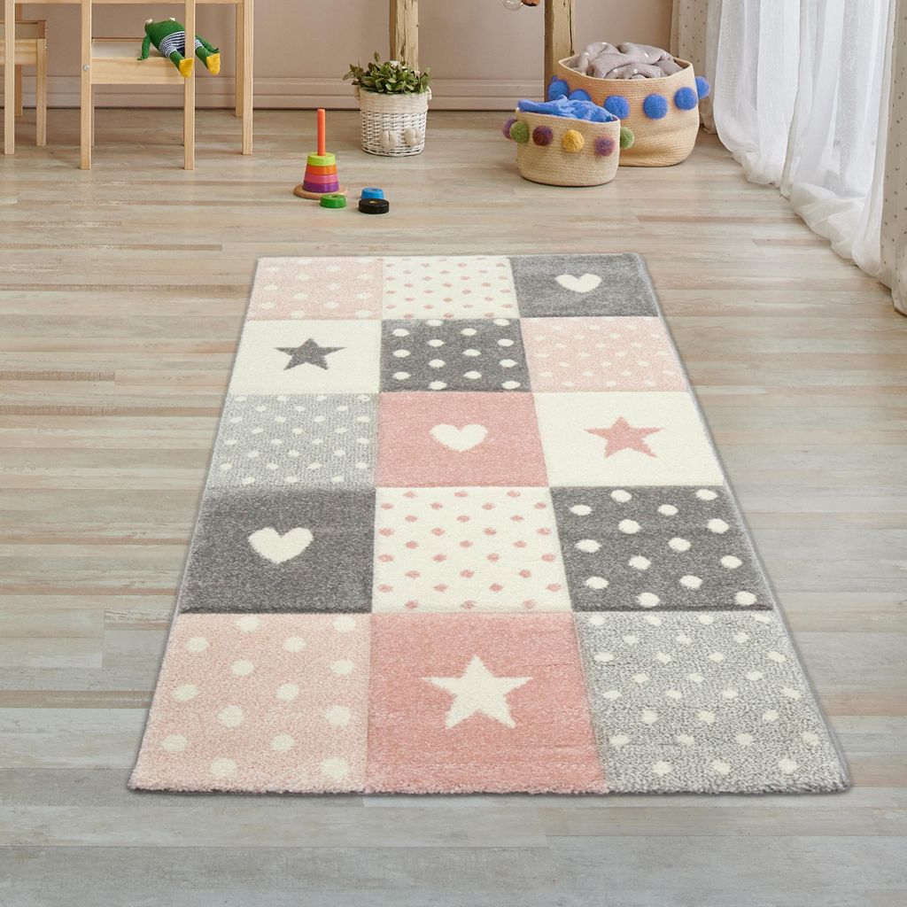 Kinderzimmer Teppich Spiel & Baby Teppich Herz Stern Punkte Produktbild 