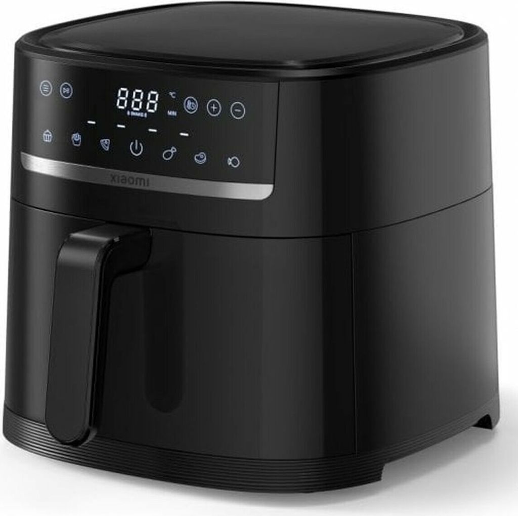 A black Xiaomi air fryer shown from a three-quarter front angle against a white background.
