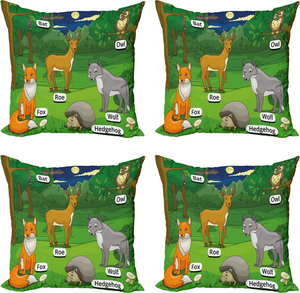 ABAKUHAUS Lehrreich Kissenbezug Set (4 Stück), Cartoon Animals, Moderner Doppelseitiger Digitaldruck, 45 cm x 45 cm, Mehrfarbig