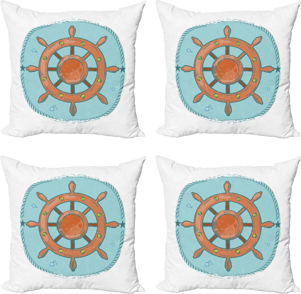ABAKUHAUS Vintage Nautical Tattoo Kissenbezug Set (4 Stück), Rad-Karikatur, Moderner Doppelseitiger Digitaldruck, 45 cm x 45 cm, Seafoam Burnt Sienna