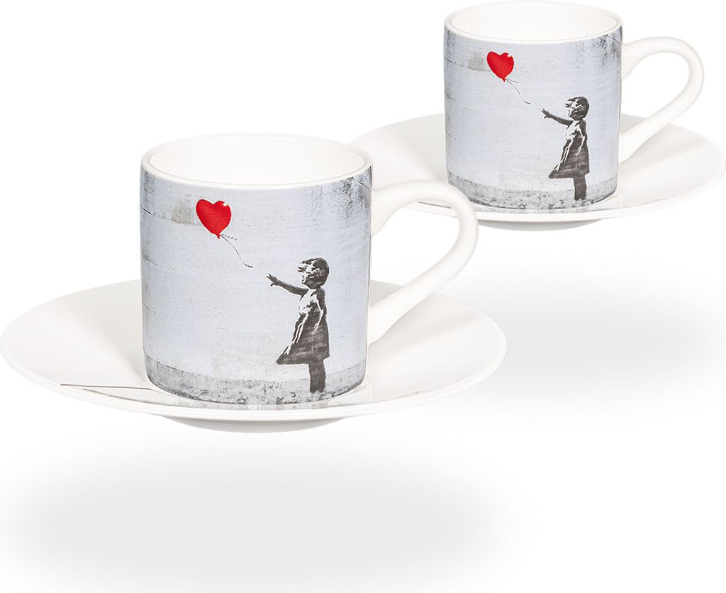 tea4chill Könitz Espresso Tassen Set Banksy Girl with Balloon. 2 Kaffeetassen 65ml aus Fine Bone China Porzellan. Espressotassen modern, bunt
