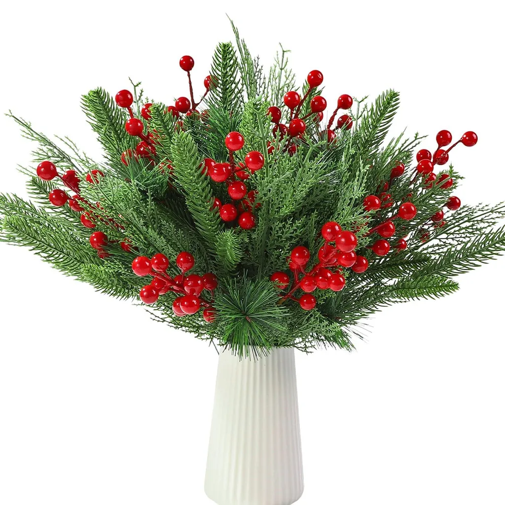 Lot de 60 Tiges de Sapin Artificielles et Baies Rouges Décoratives DIY