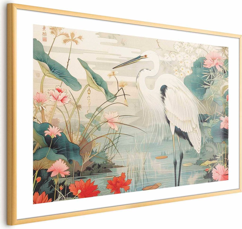 Posterpapier Poster - Over the Asian Pond - illustration in the Japanese print style featuring a heron 60x40 cm Tiere g-H-10110-ao-a