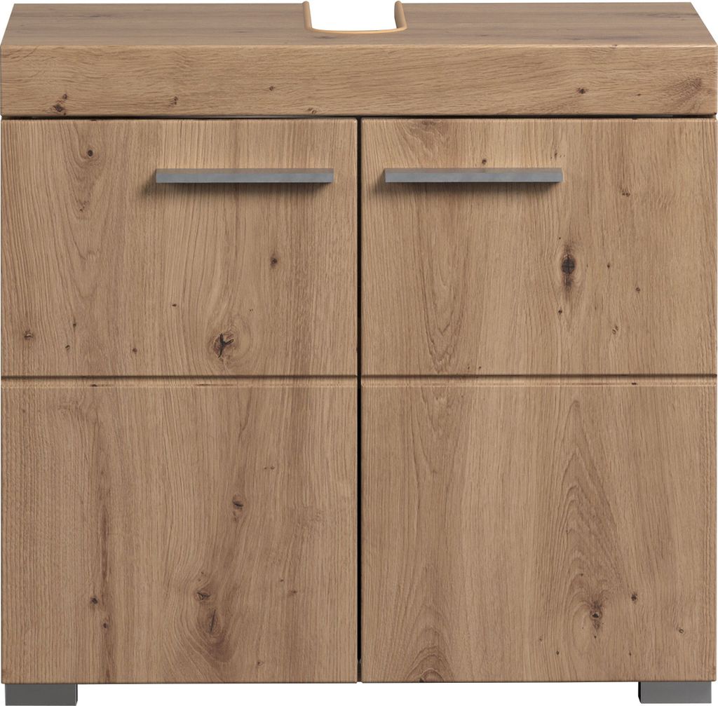 A close-up front view of a wooden cabinet with four doors and silver handles.