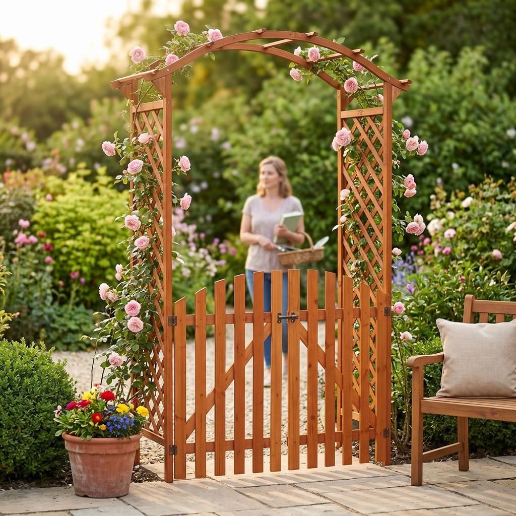 Mucola Rosenbogen mit Tor Pergola Rankhilfe Braun
