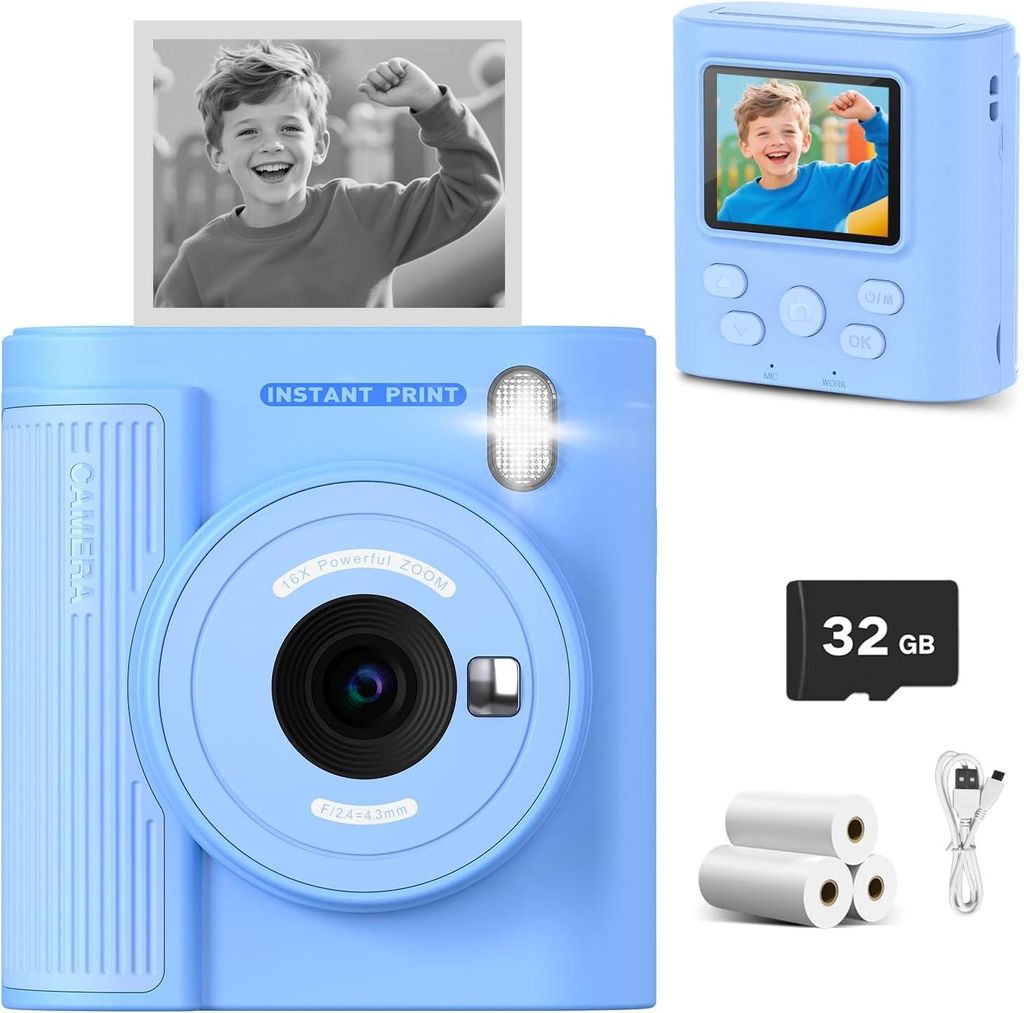 Kinderkamera Instant Print, 1080HD Video & Instant Print Kamera lustige Weihnachts- und Geburtstagsgeschenke kommt mit 32GB SD Karte, leicht & tragbar