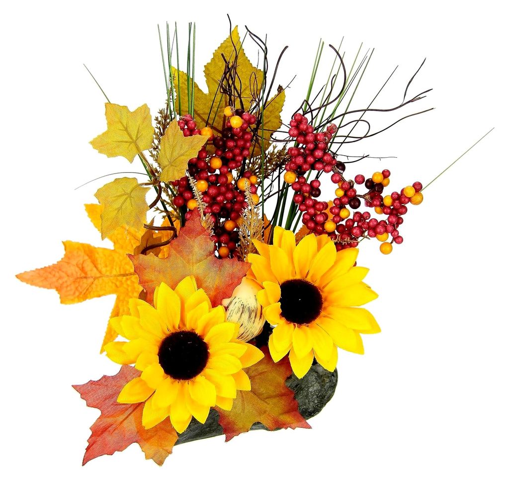 Gesteck aus Sonnenblumen auf Stein - Künstliche Blumen für Herbstdekoration