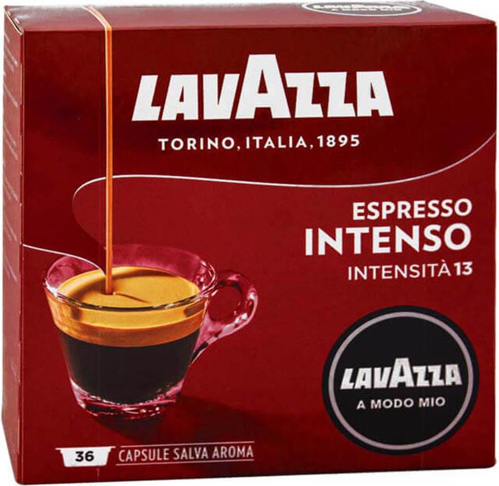 A box of Lavazza Espresso Intenso coffee capsules.