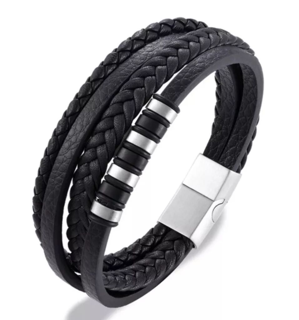 Armband Herren Leder Edelstahl Magnetverschluss Schwarz Produktbild 