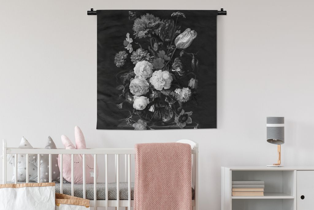 MuchoWow Wandteppich Wandbehang Stilleben mit Blumen in einer Glasvase - Gemälde von Jan Davidsz. de Heem - schwarz und weiß 90x90 cm Tapisseri...