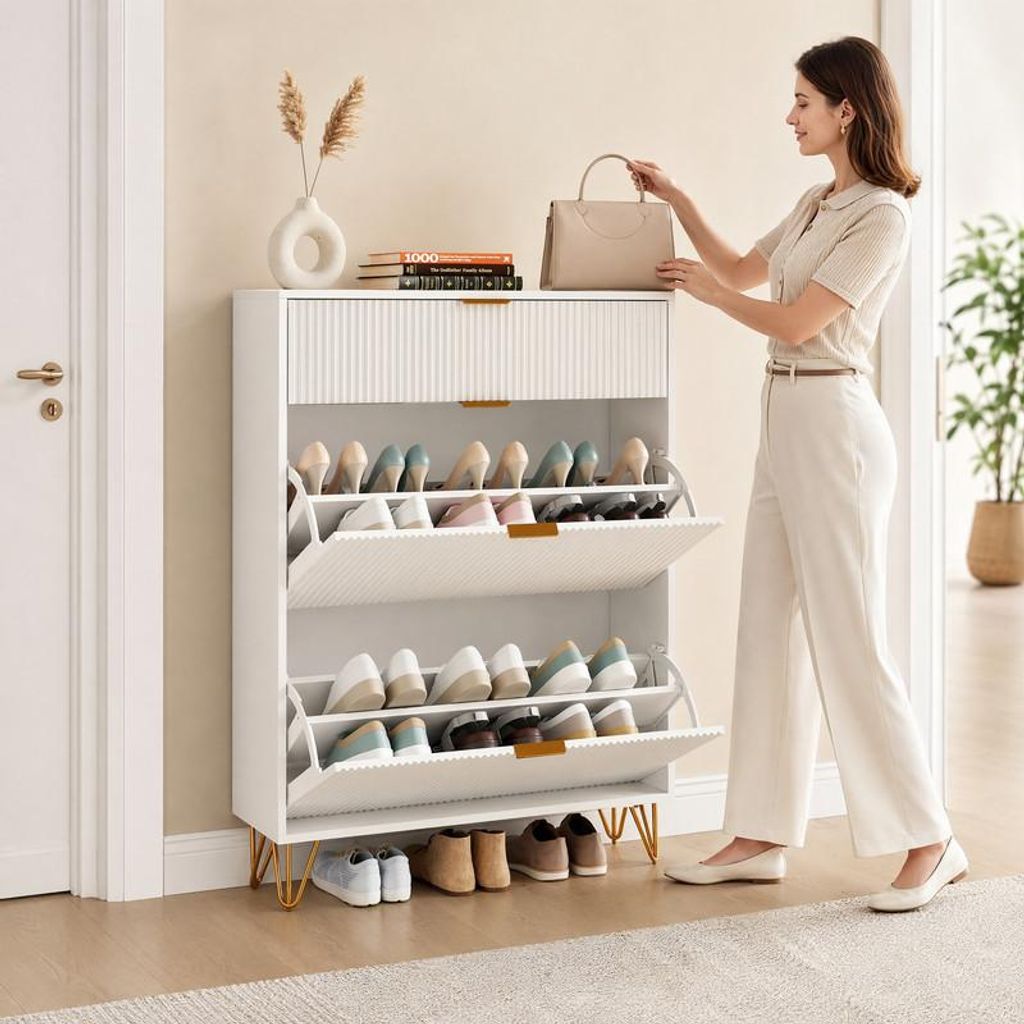 UnboxG Schuhschrank Weiß 80 cm – Schmaler Schuhkipper mit 3
