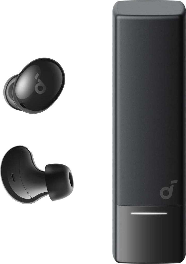A pair of black wireless earbuds and their charging case are displayed against a white background.