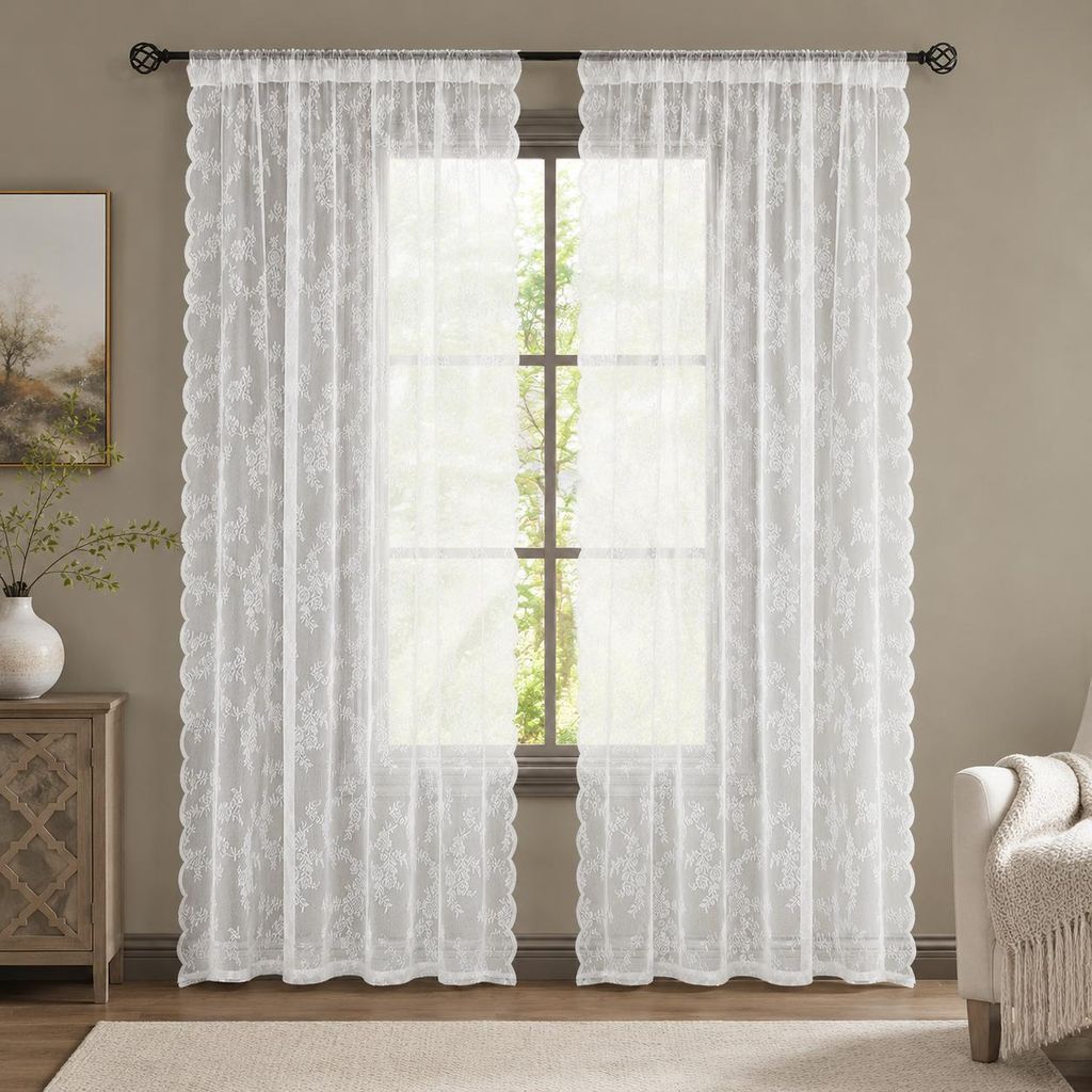 Tenda in voile bianco trasparente con ricami floreali in Immagine del prodotto 