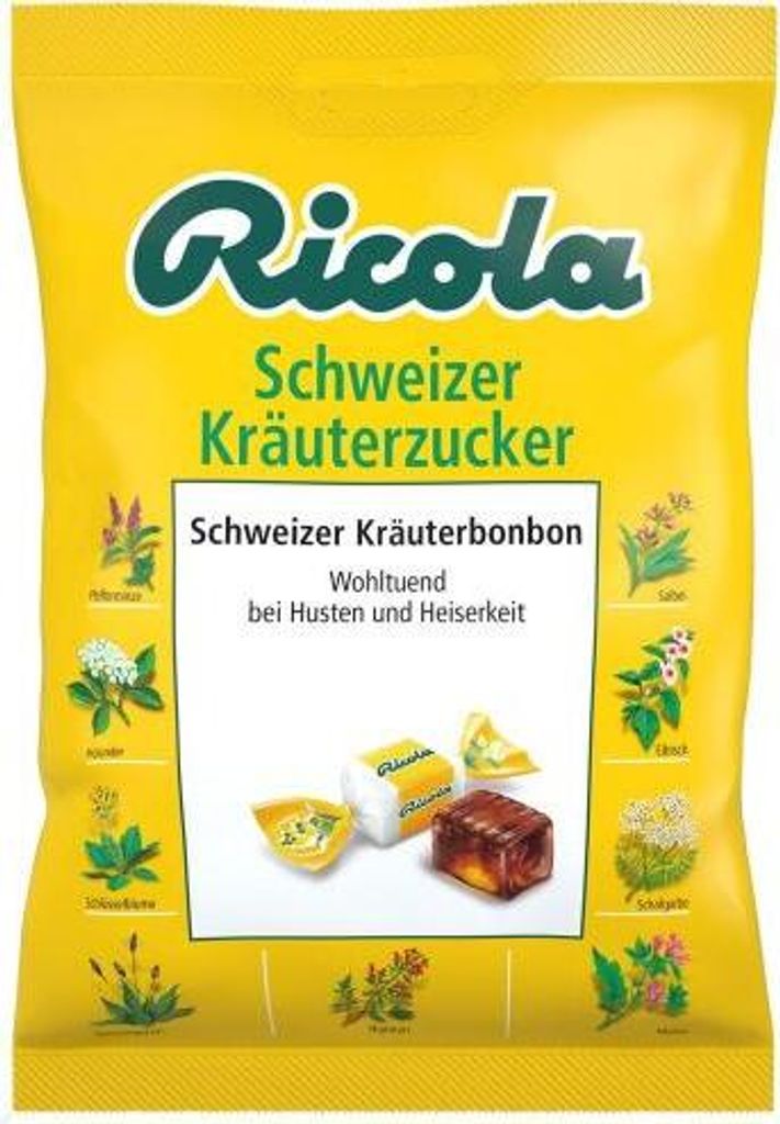 A yellow bag of Ricola Swiss Herbal Sweets, showing the product packaging and some of the herbs used in the sweets.