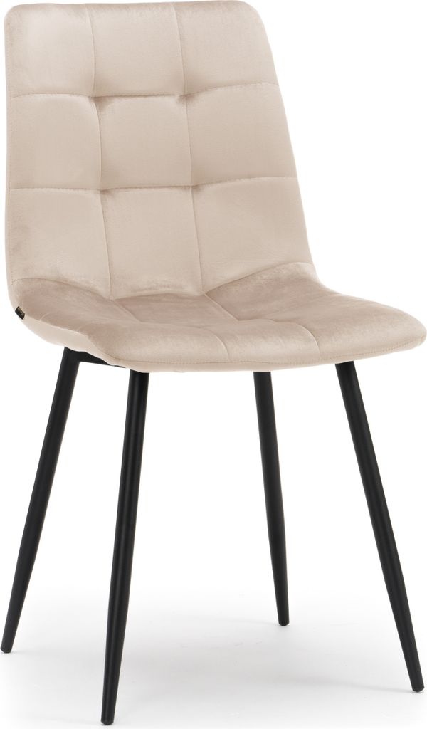 A single beige upholstered chair with black legs is shown against a white background.
