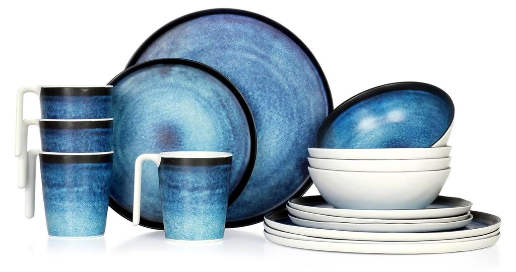 Campinggeschirr aus Melamin für 4 Personen, 16-teilig | spülmaschinenfest | Picknickgeschirrset | Deep Ocean Design
