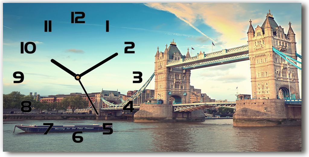 Wanduhr aus Glas – 60x30 cm - Glasbild - Glasuhr - Gehärtetes Glas - schwarze-zeiger - Tower Bridge London