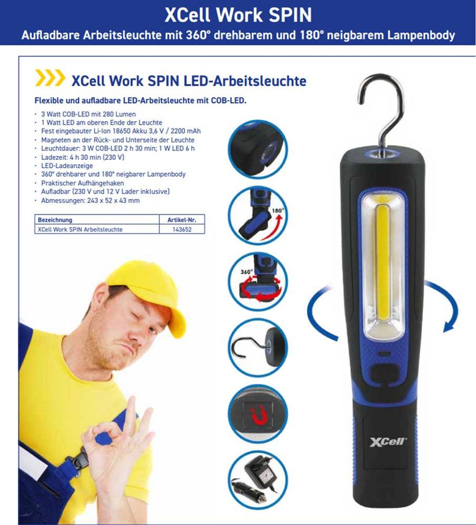 XCell 143652 Worklight Spin LED (monochrome) Work light rechargeable 3 W 280 lm