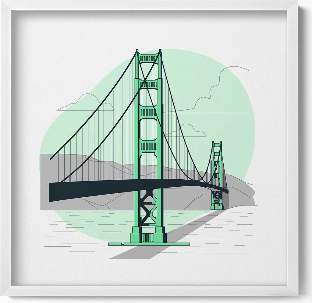 Zeichnung der Golden Gate Bridge– Wandbild mit Rahmen – Gerahmtes Bild – Wanddekoration – 50x50 cm – Weiß Rahmen