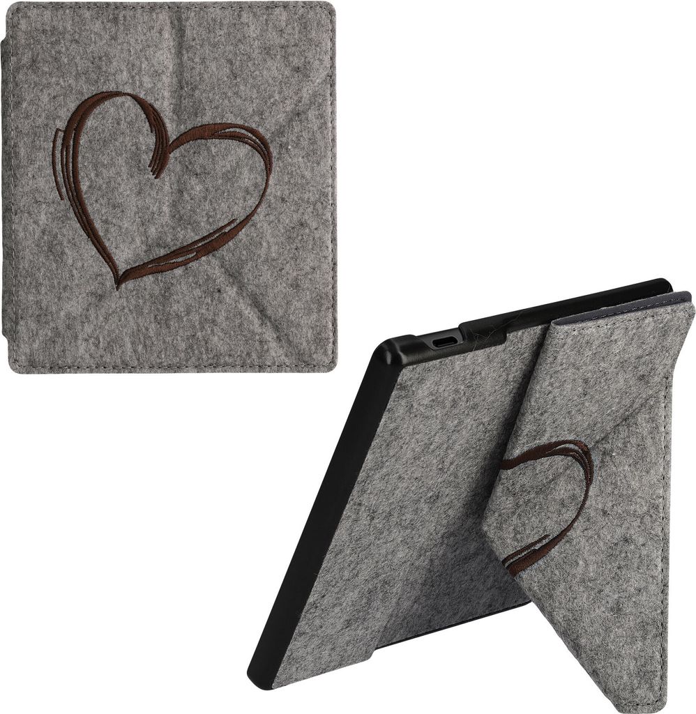 kwmobile Filz Hülle kompatibel mit Amazon Kindle Oasis 10. Generation - Cover eReader Case mit Standfunktion Magnetverschluss - Dunkelbraun Herz B...