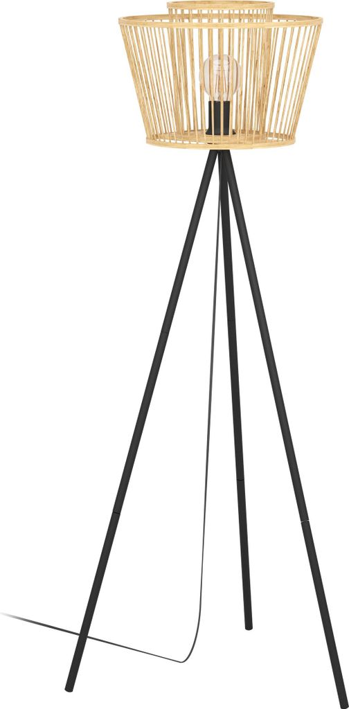 EGLO Stativ Stehleuchte Hykeham, Stehlampe aus Holz in Natur und Metall in Schwarz, Standleuchte Boho, Bambus Lampe, Wohnzimmerlampe mit E27 Fassung