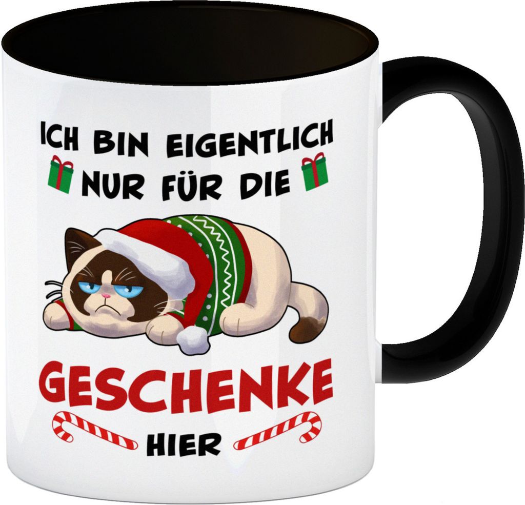 Grimmige Katze Kaffeebecher in schwarz mit Spruch nur für die Geschenke hier