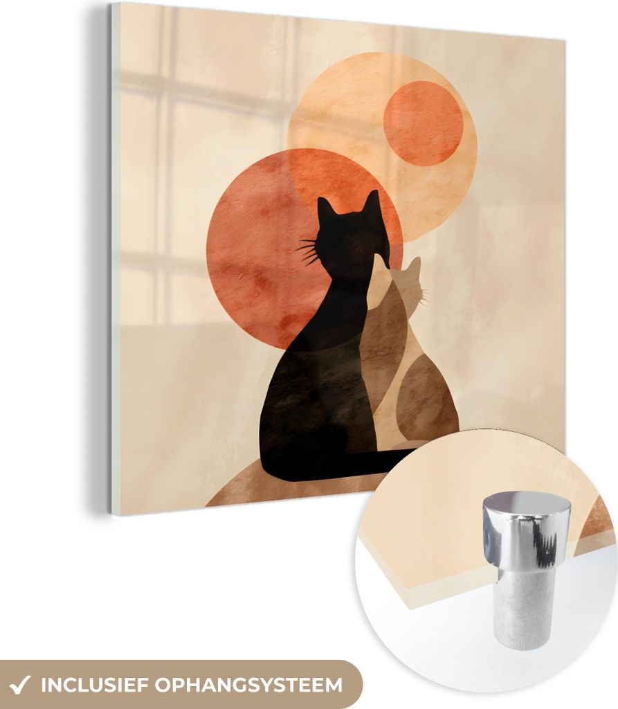 MuchoWow Glasbilder - Bilder auf Wandbild - Foto auf Glas Katzen - Schwarz - Abstrakt - Kreise 40x40 cm Wanddekoration aus Glas - Acrylglasbild - A...