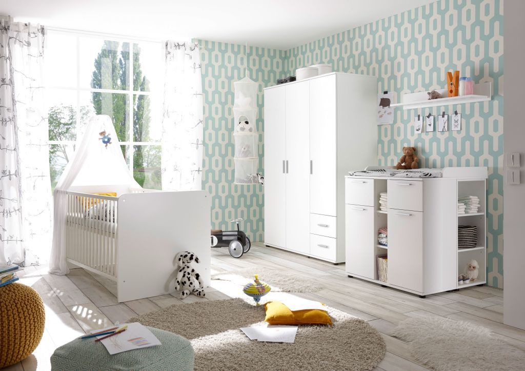 Babyzimmer Cariba 3-teilig Weißeiche Babybett Wickelkommode Kleiderschrank 3trg. 