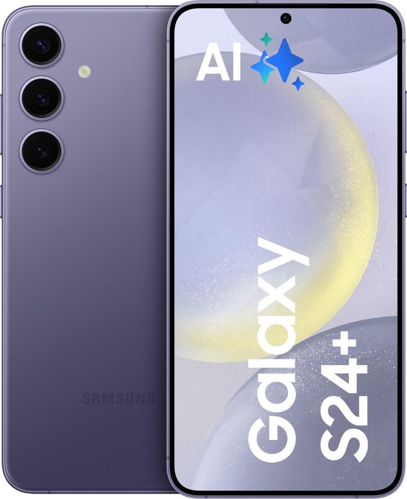 A marketing image of a Samsung Galaxy S24+ phone, showing both the back and front views. The front display has text and graphics.