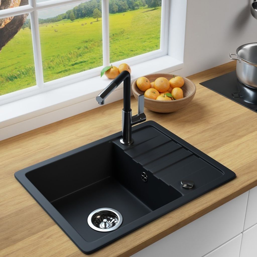 MIT ARMATUR - Rein Schwarz LINDBERGH Antibakterielle Granit Spüle "SEZ44" + "1-Deco" Einbauspüle Küchenspüle Spülbecken