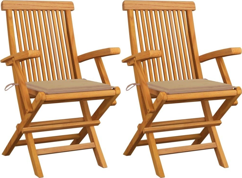 Möbel Gartenstühle mit Beige Kissen 2 Stk. Massivholz Teak Produktbild 