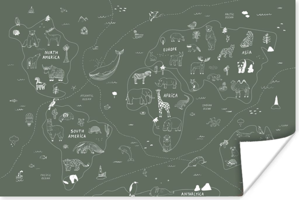 MuchoWow Poster Karte - Welt - Kinder - Grün 120x80 cm - Bilder