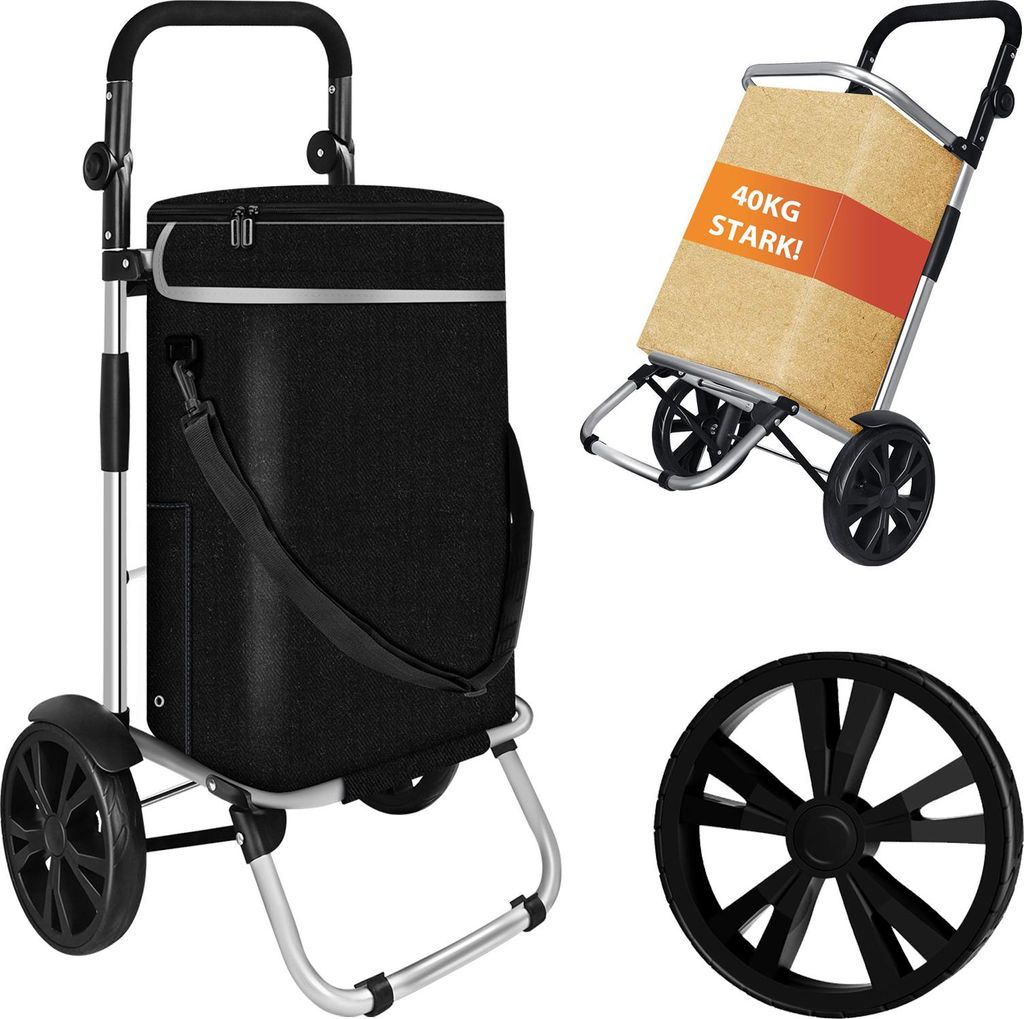 MODFU Einkaufstrolleys Faltbarer, Einkaufsroller klappbar 2 Räder, Einkaufstrolley faltbar leicht, Großraum Multifunktion Einkaufswagen, Schwarz