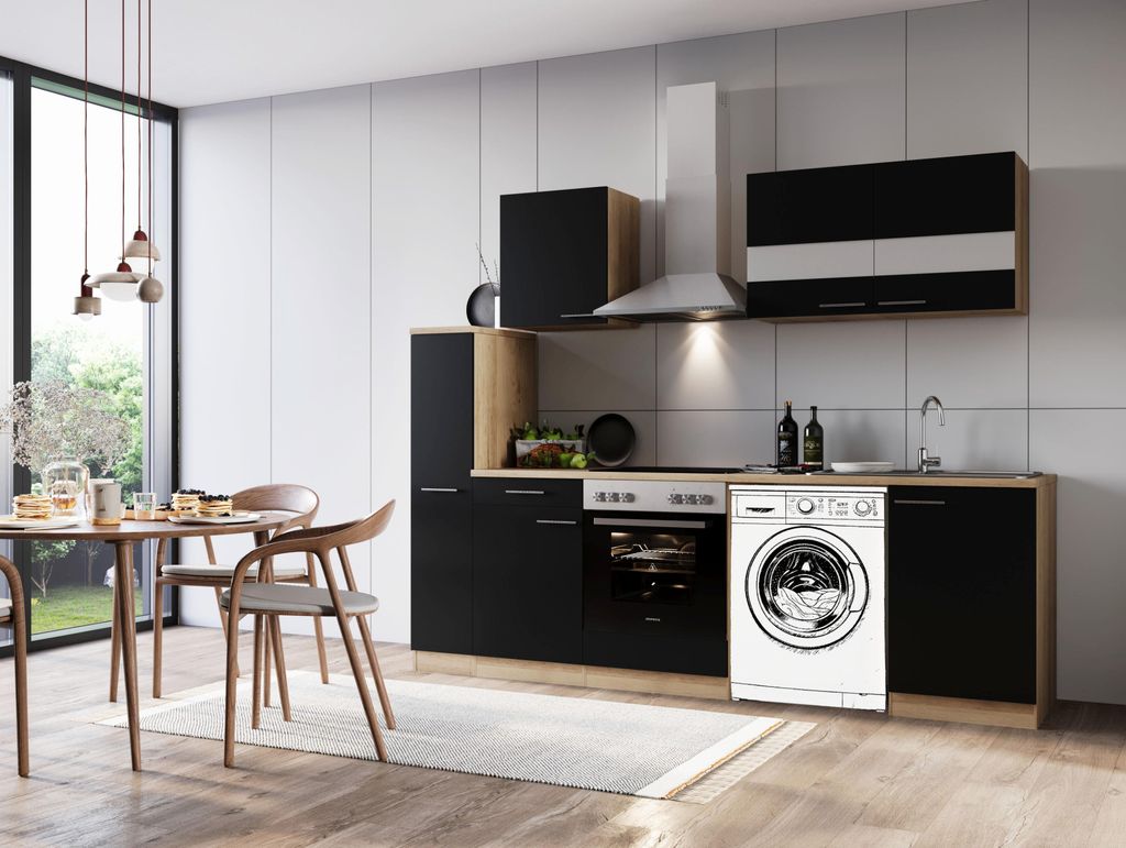 Küche Küchenzeile für Unterbau Waschmaschine Eiche Schwarz Merle 250 cm Respekta