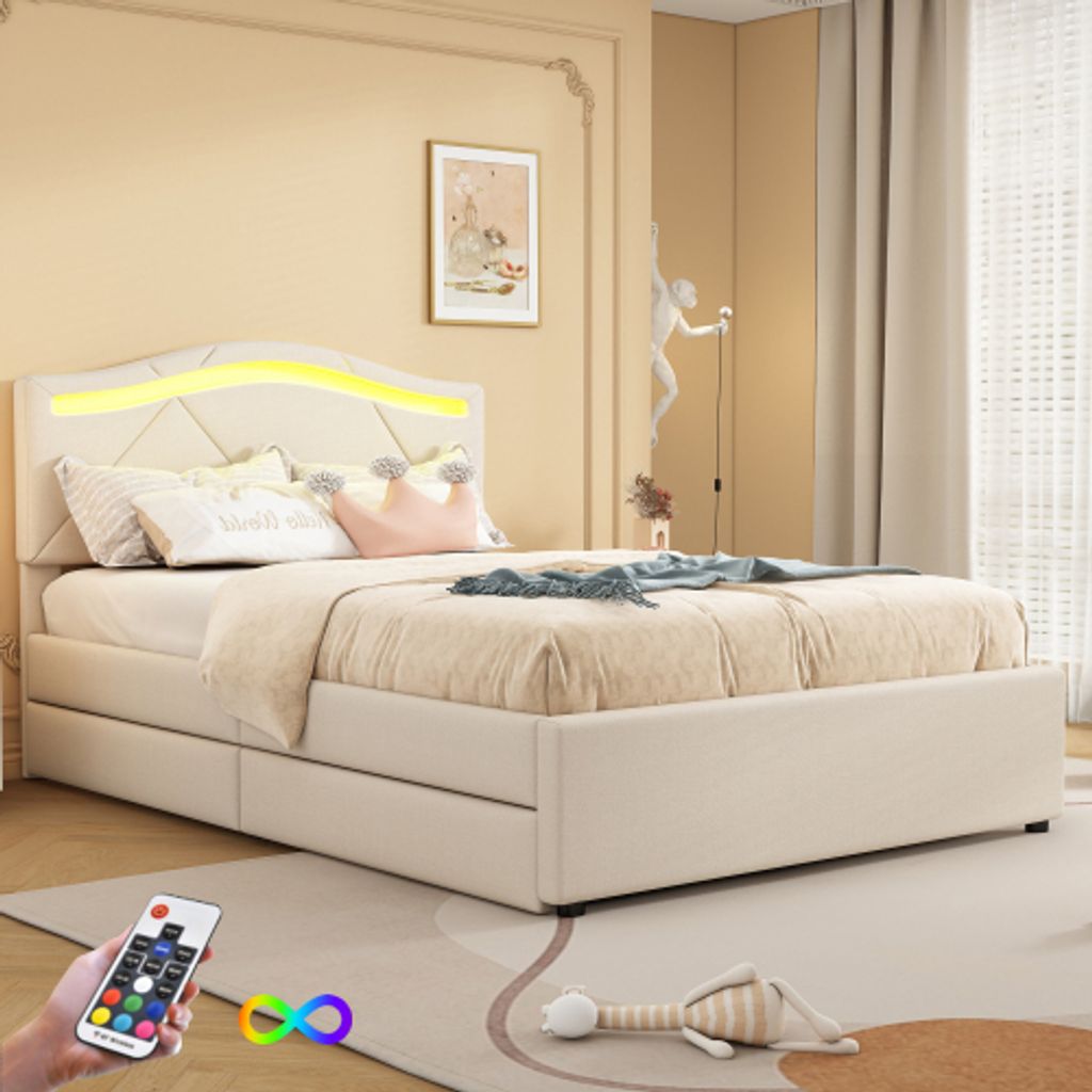 okwish Polsterbett Einzelbett 90x200cm mit Lattenrost aus holz, Jugendbett mit 2 Stauraum Schubladen und Raumbeleuchtung(Ohne Matratze)- Beige