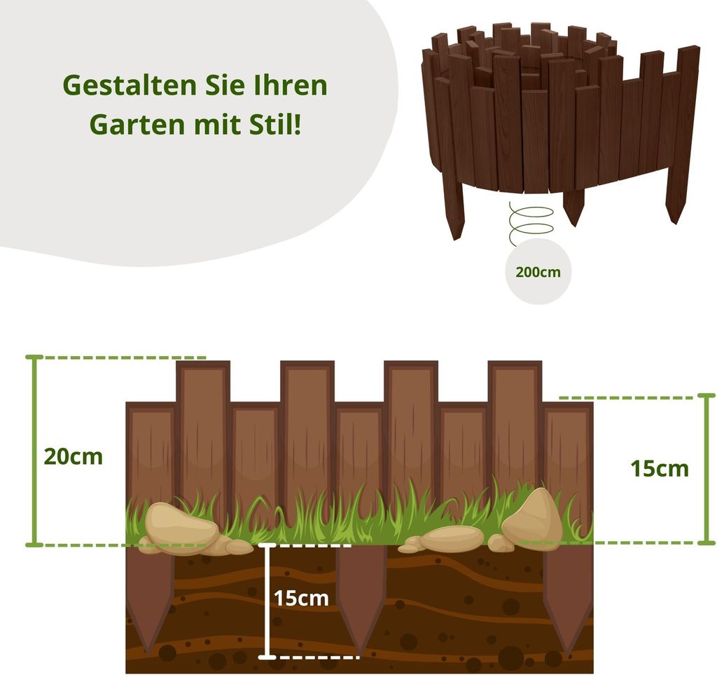 Floranica Beeteinfassung Rasenkante Holz Rollzaun Holzzaun 200 x 20 cm Braun imprägniert Flexible Rollborder Palisade Gartenzaun