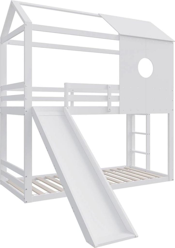 Bolt Edge Luxus-Kinder-Etagenbett 90×200cm – Mit Dach, Rutsche & Ecktreppe – Massivholz – Mit Rundum-Fallschutz & Fenster – Weiß – Hoch...