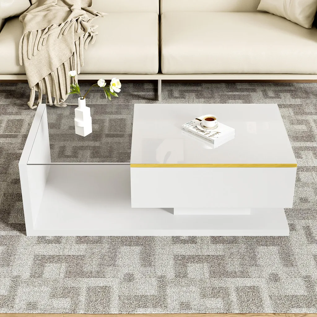 Table Basse Blanc Laqué avec Plateau Verre et Éclairage LED Connecté