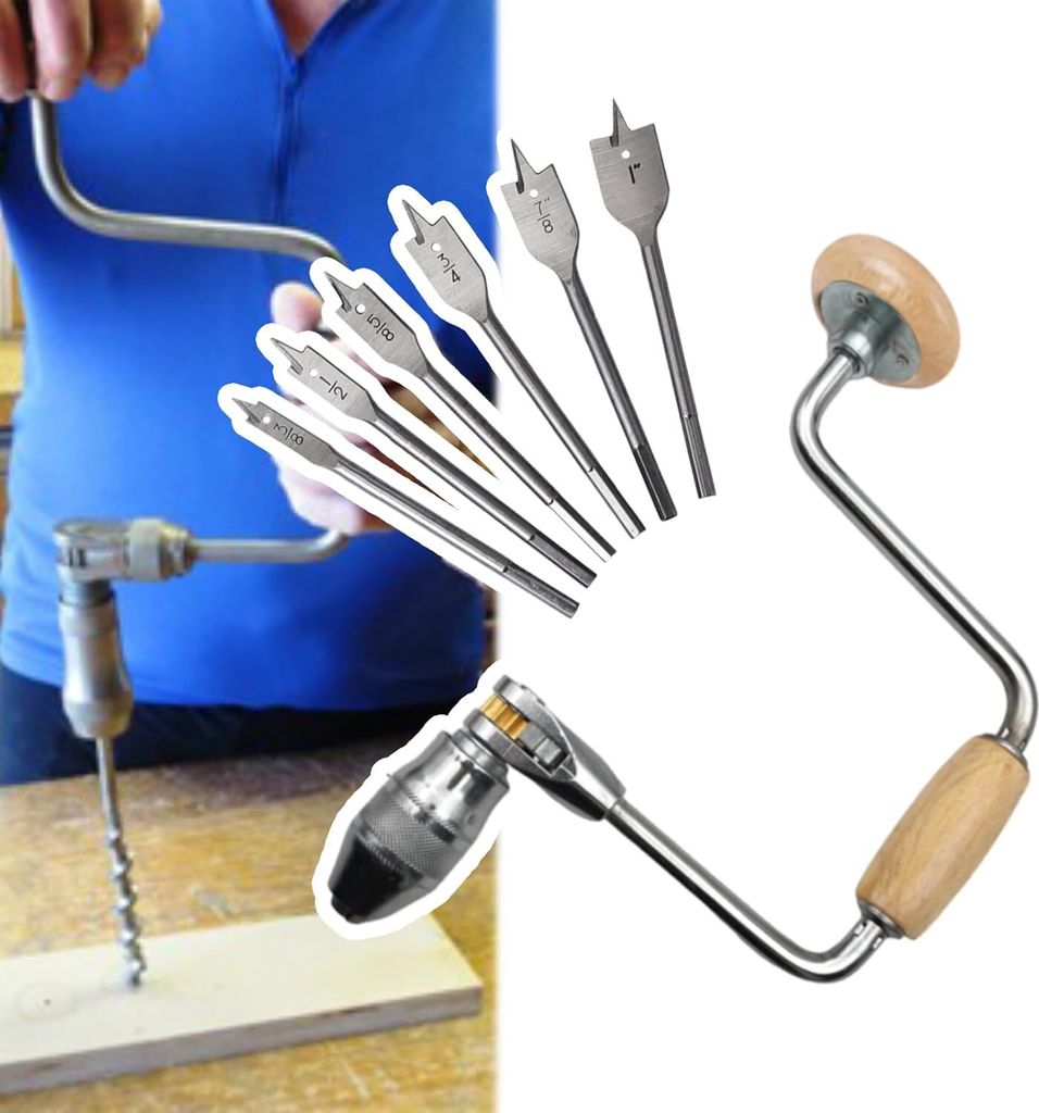 Carpenters Bit Brace Hand Crank Drill with 12-Inch Swing Arm, Comfortable Non-Slip Handle, Ideal for Woodworking, Easy to Use Hand Tool (Bit Brace+...