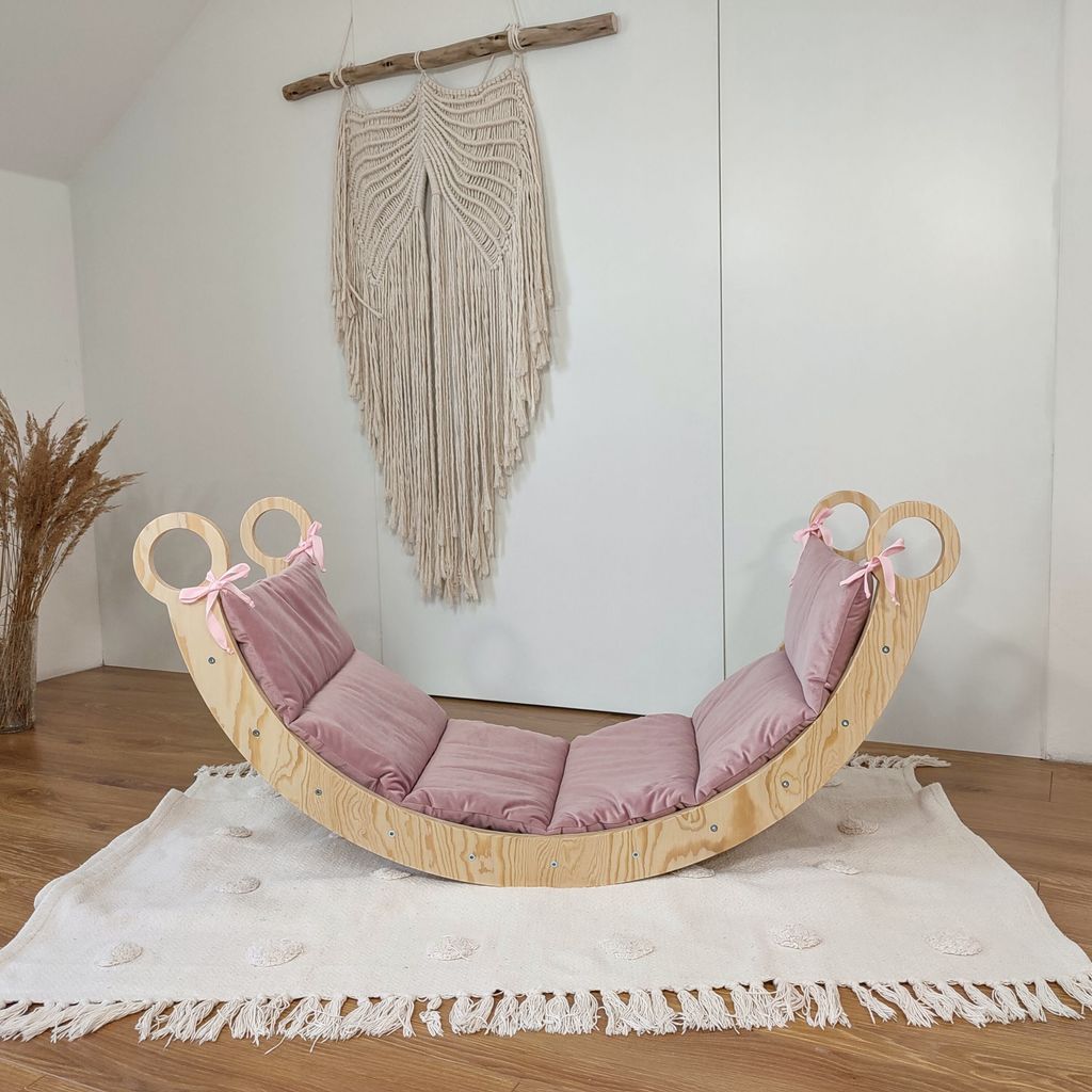 Kletterbogen 105cm x 40cm x 50cm Bow Rocker Kinder Spielleiter Premium Montessori Sperrholz Wiege + Rosa Plüschmatte