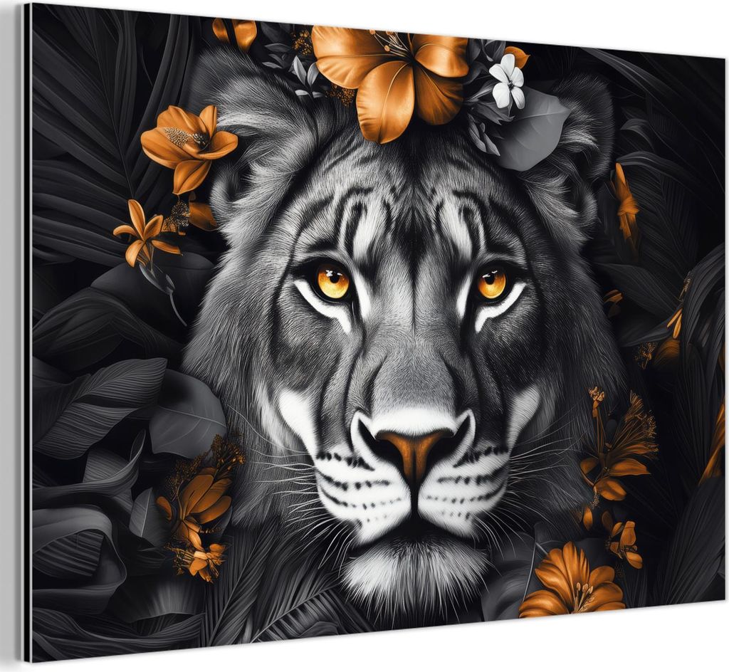 MuchoWow Wanddekoration Metall Metallbild Wandkunst 60x40 cm Tiger - Schwarz und Weiß - Gold - Blumen - Botanisch MuchoWow Aluminium Gemälde - Ge...