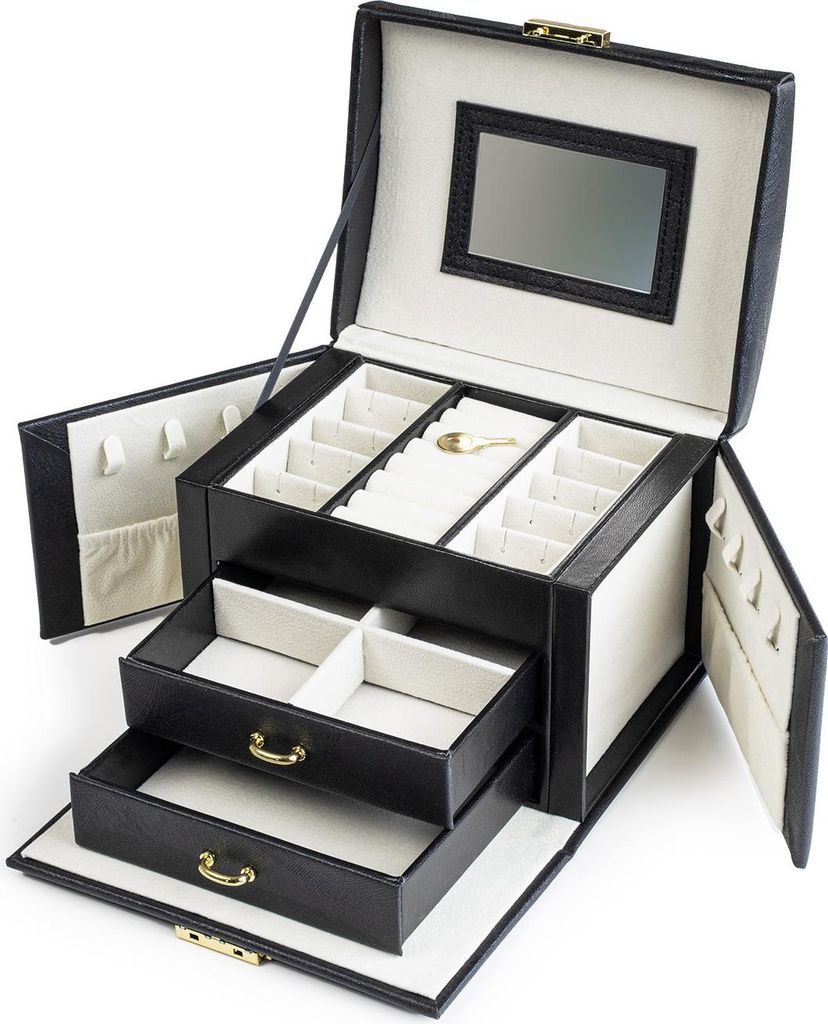 Schmuckkästchen Damen mit Spiegel, Schmuck Organizer mit Schlüssel verschlossen für Ketten, Ringe, Ohrringe Schwarz