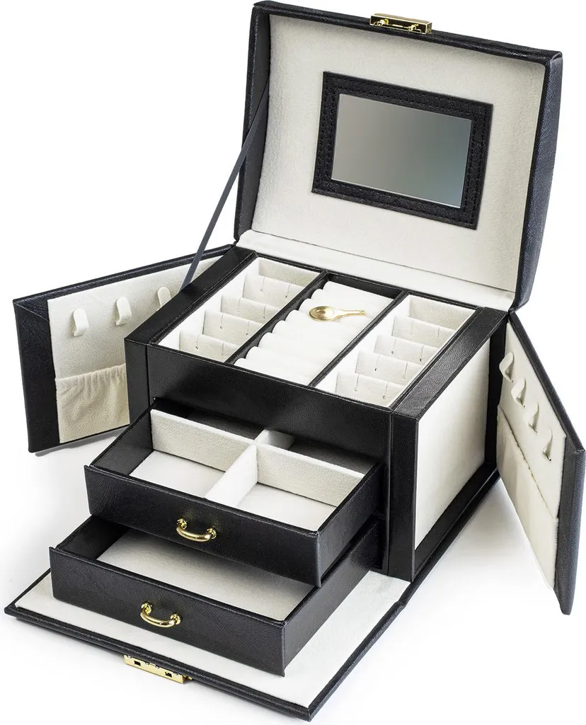 Boîte à bijoux femme avec miroir et clé noir, coffret de rangement chic