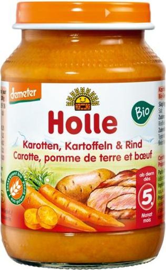 KAROTTE – KARTOFFEL – RINDFLEISCH OHNE ZUCKERZUSATZ GLUTENFREI AB DEM 5. MONAT DEMETER 190 g (GLAS) – HOLLE