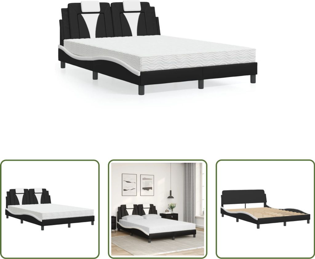 The Living Store Bett mit Matratze Schwarz und Weiß 120x200 cm Kunstleder