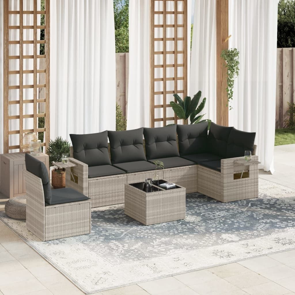 Industrie-Stil 7-tlg. Garten-Sofagarnitur Sofa Set mit Kissen Hellgrau Poly Rattan Terrassenmöbel2024 cloris