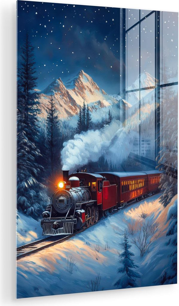 MuchoWow Glasbilder - Bilder auf Wandbild - Foto auf Glas Zug - Weihnachten - Schnee - Weihnachtszug 20x30 cm Wanddekoration aus Glas - Acrylglasbi...