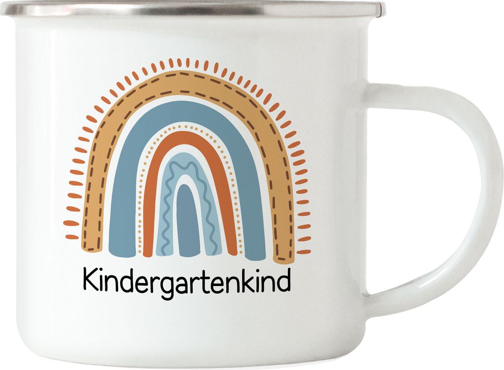 Kindergartenkind Emaille Tasse Geschenk Kindergarten Start Kita Regenbogen Buntes Motiv Strahlen