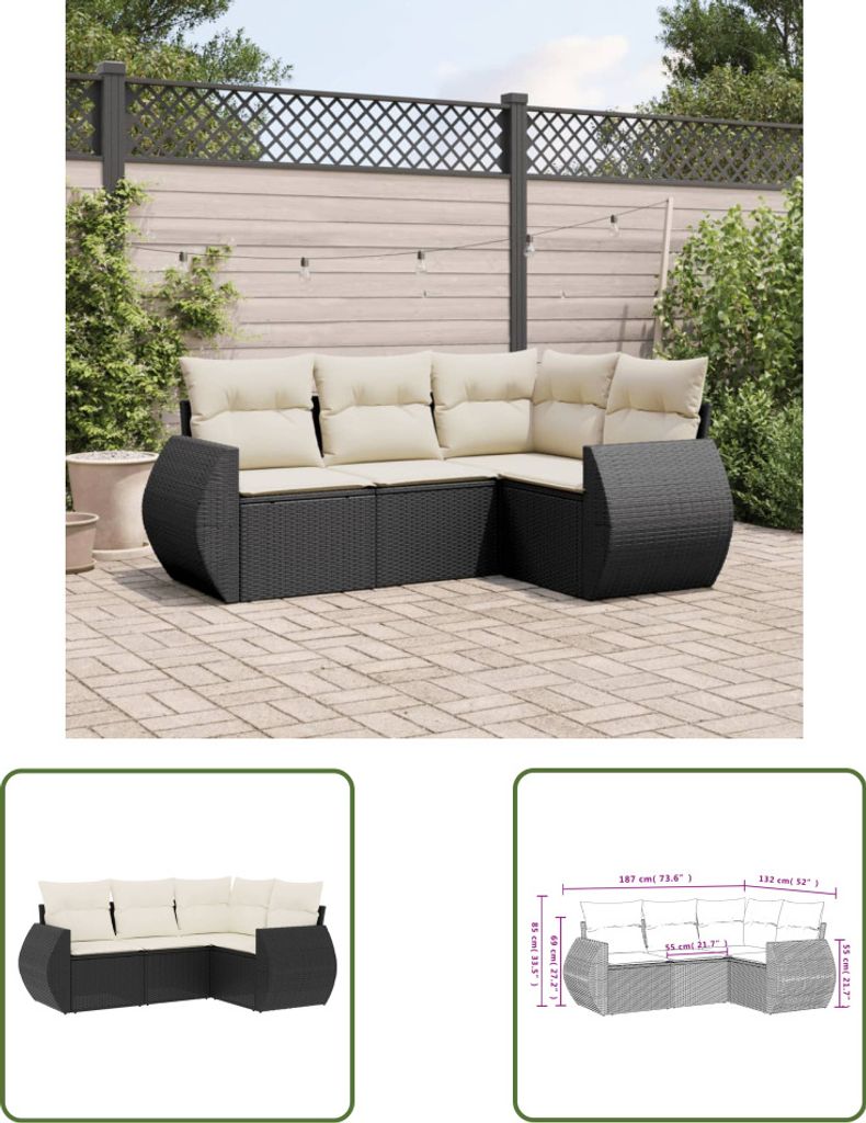 The Living Store 4-tlg. Garten-Sofagarnitur mit Kissen Schwarz Poly Rattan