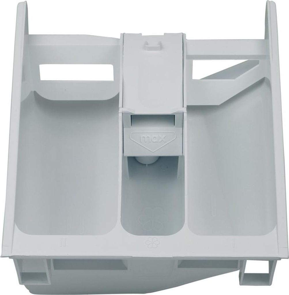 A white plastic detergent dispenser drawer for a washing machine.